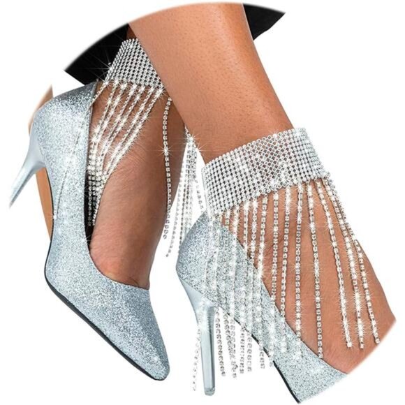 Rhinestone Ankle Bracelets Crystal Tassel Anklet 2pcs Glitter Tennis - Picture 1 of 7